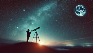 Una persona mirando a través de un telescopio hacia un cielo estrellado, representando la búsqueda de claridad en la vastedad de lo desconocido." Esta es una excelente idea visual para tu post sobre toma de decisiones en momentos de incertidumbre.